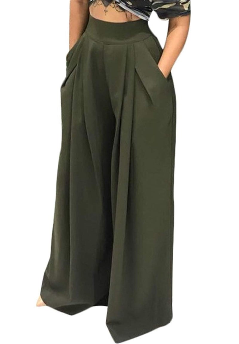 NRTHYE Womens Palazzo Long Pants High Waist Wide Leg Stretchy Loose Fit Casual Trousers with Pocket - Image 1